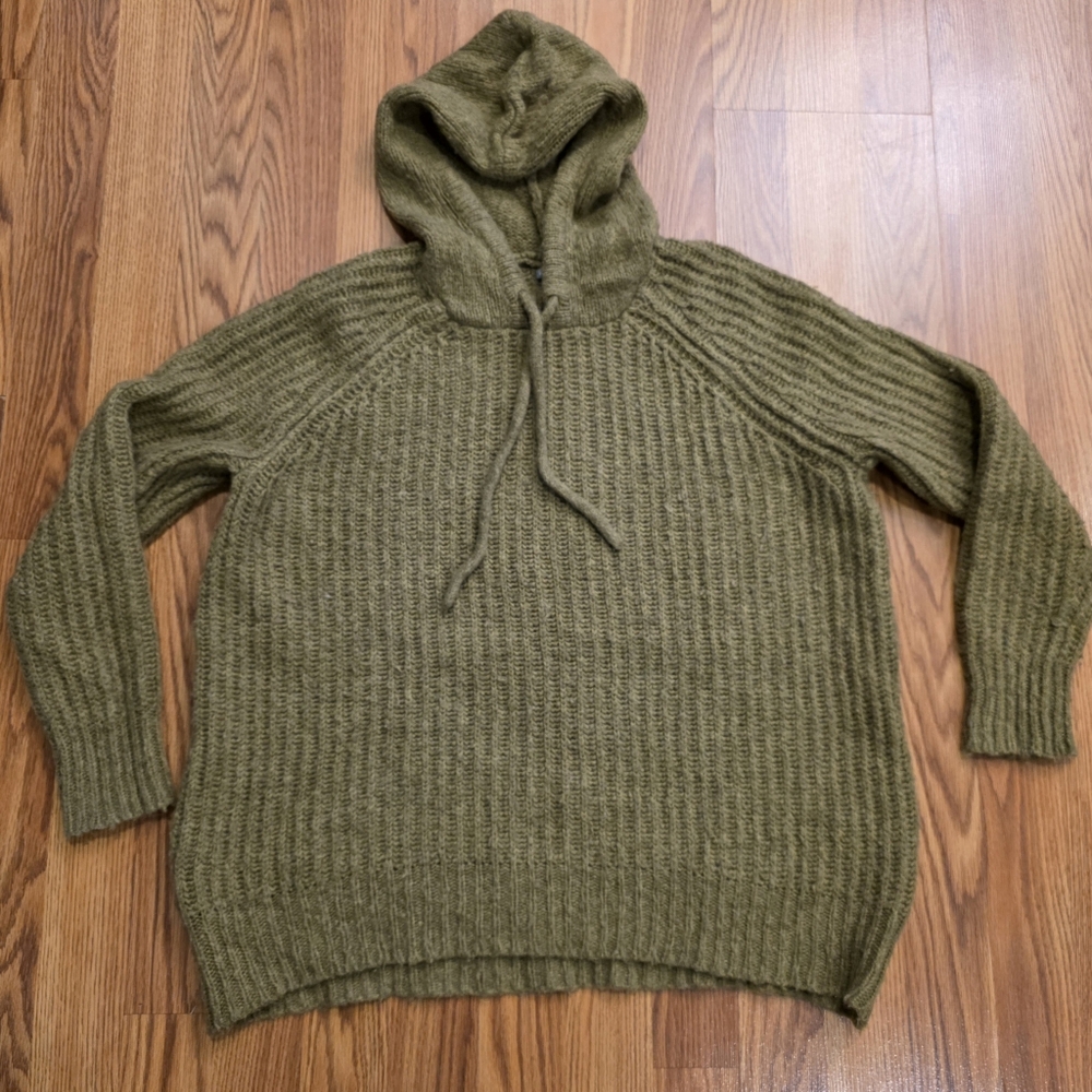 Aerie Oversized Open Road Loose Knit Wool Blend Hooded Olive Green Sweater XS